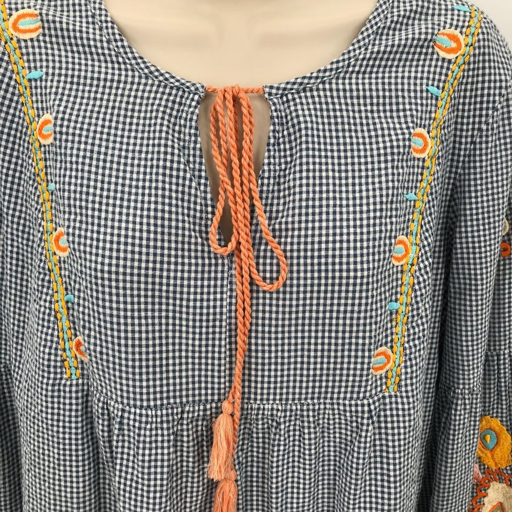 Chadwicks Womens Blue White Checked Embroidered Balloon Long Sleeve Tunic L - Picture 3 of 10